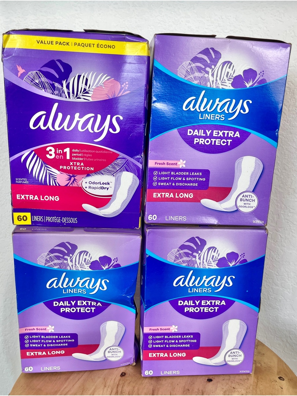 Always Daily Extra Protect Panty Liners, Extra Long Length, 60 Count Pack of 4